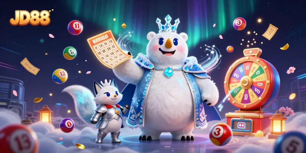Win big at JD88 with an engaging 3D scene featuring a cartoon ice king and snow fox amidst colorful lottery elements.