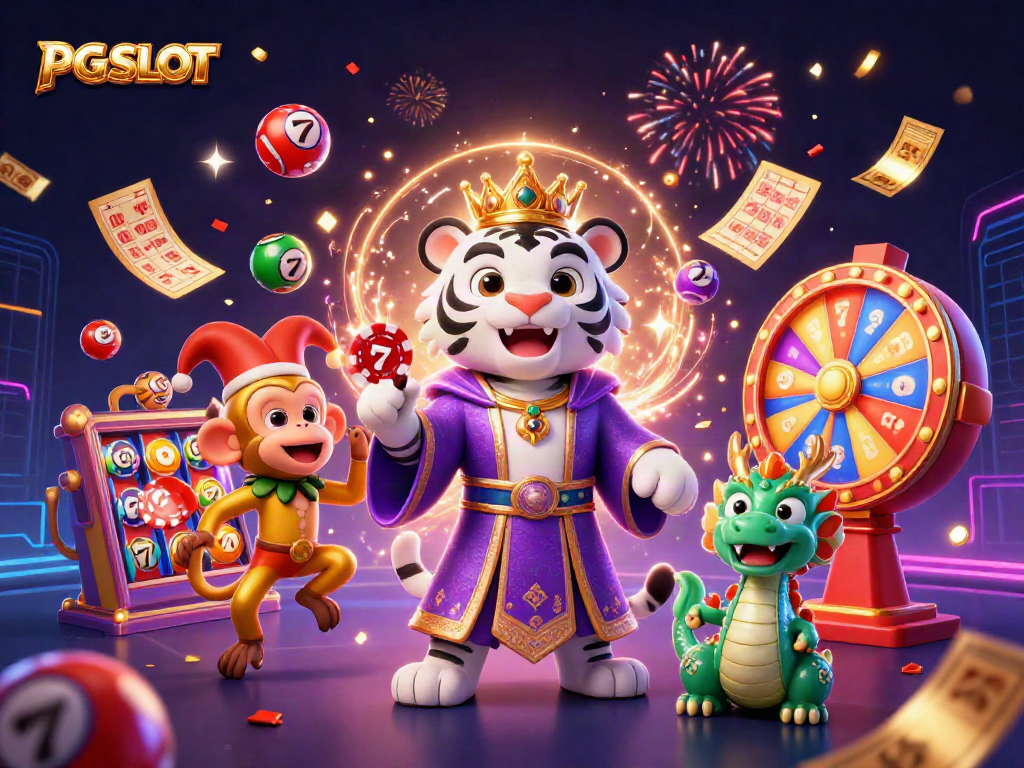 Play slots with PG SLOT as colorful elements and engaging characters create a bustling casino atmosphere.