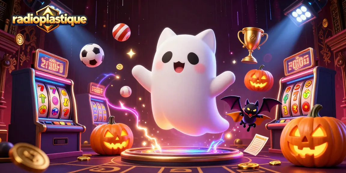 radioplastique brings luck with a ghost cat and bat playing slots in a vibrant casino