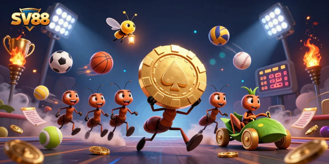 SV88 ants carry a giant poker chip through a dynamic tunnel heist scene with fireworks and sports elements.