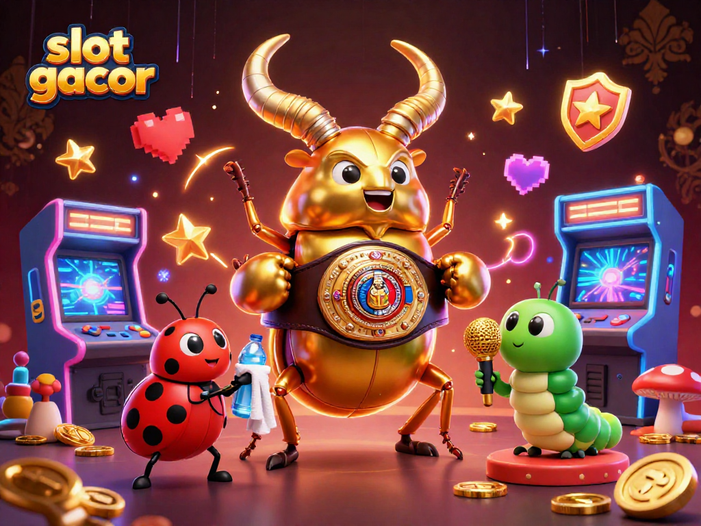 Permainan slot gacor dengan simbol berwarna berkilauan dan karakter unik di latar belakang mewah.