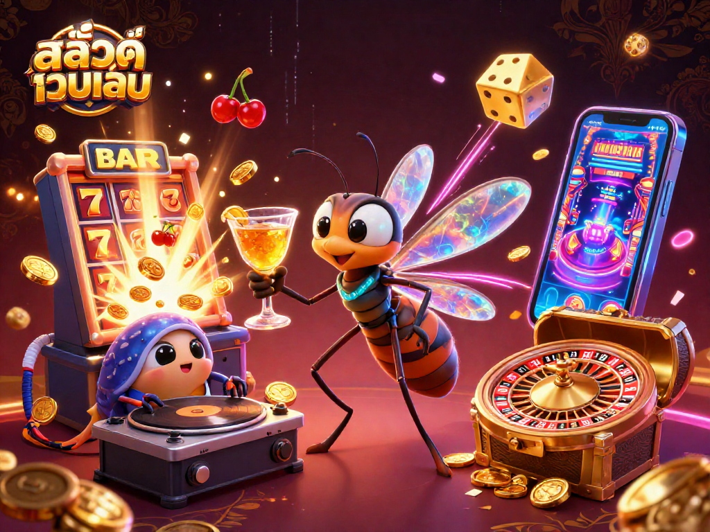 Play exciting games at สล็อตเว็บตรง with vibrant cartoon characters celebrating casino wins and jackpot rolls.