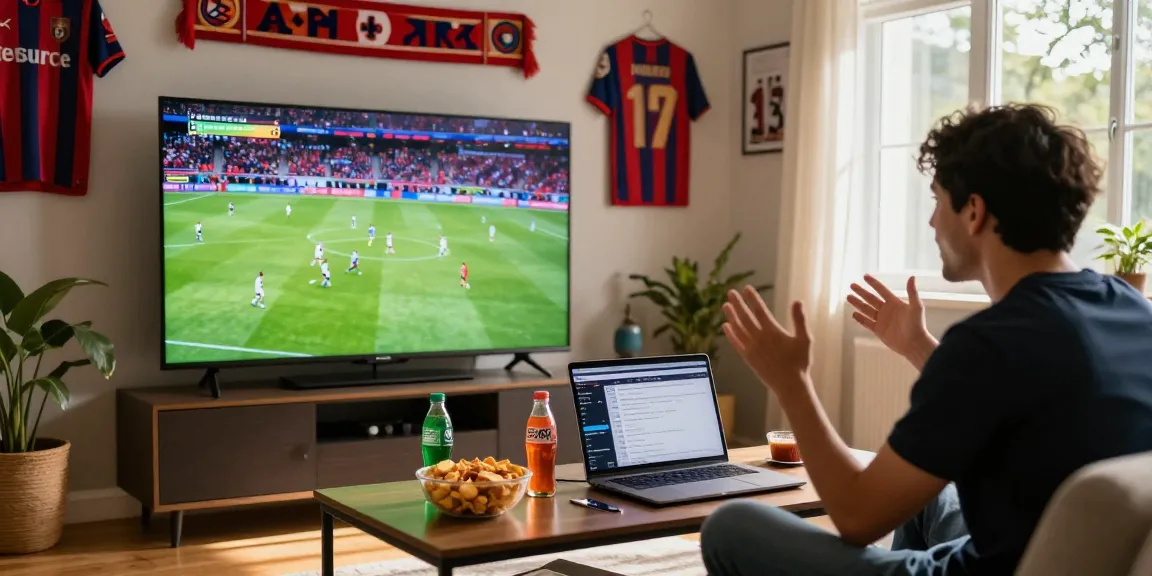 Soccer fan enjoying ihdsports.com live match in a cozy living room with snacks and team memorabilia.