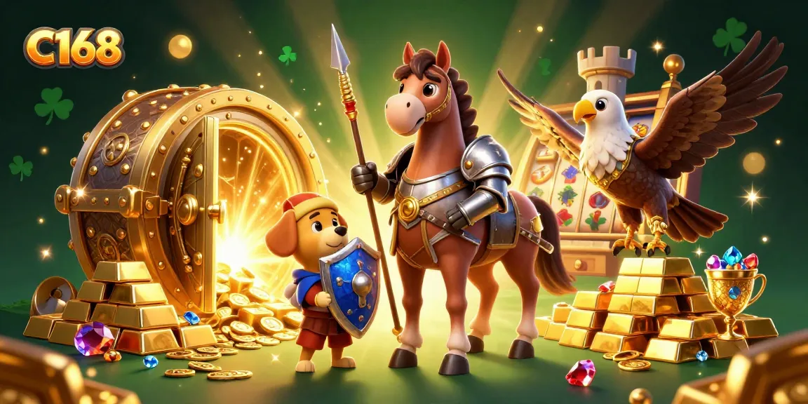 C168 offers thrilling slots adventures, featuring a heroic knight, playful puppy, and majestic falcon surrounded by treasures.