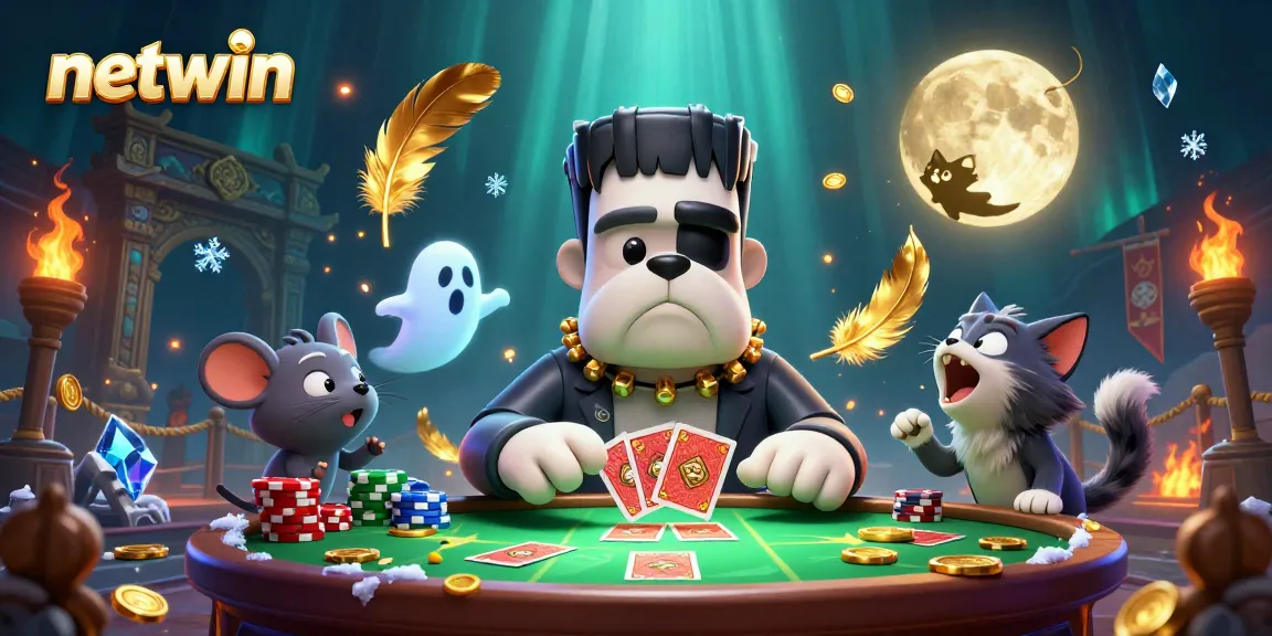 Netwin showcases a lively scene of a bulldog monster dealing cards in a vibrant gambling atmosphere.