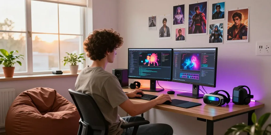 NSFW AI developer creating innovative content in a vibrant tech workspace