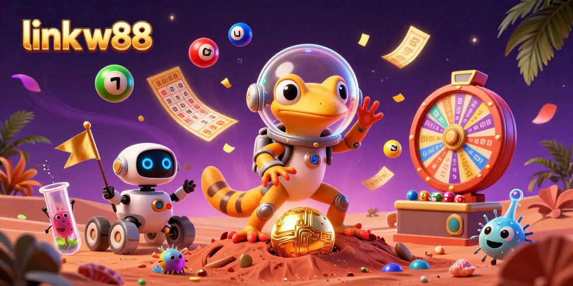 Kết nối với link w88 trong hình ảnh mô tả một gecko vũ trụ khám phá casino vàng giữa cát đỏ, đầy hoạt động casino sôi động.