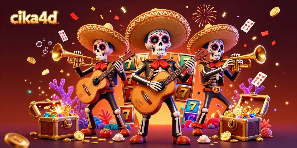 Catch the excitement with cika4d as lively mariachi skeletons celebrate in a vibrant casino scene.