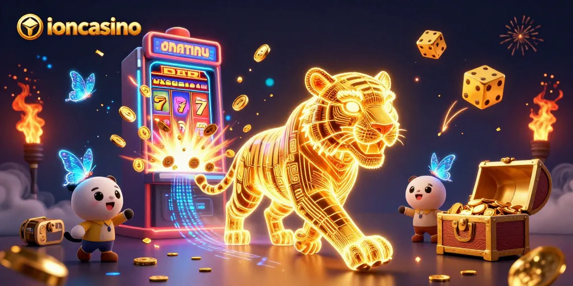 Experience ioncasino's dynamic digital landscape with a neon golden tiger amid vibrant slot elements.