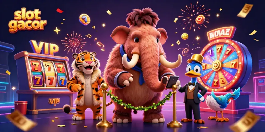 Gambarkan slot gacor dengan mammoth berjaga di pintu kasino dan tamu harimau berbulu, penuh detail menarik.