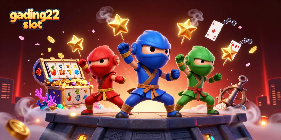 Engage with the gading22 slot featuring a vibrant 3D ninja chameleon team amidst dazzling casino elements.