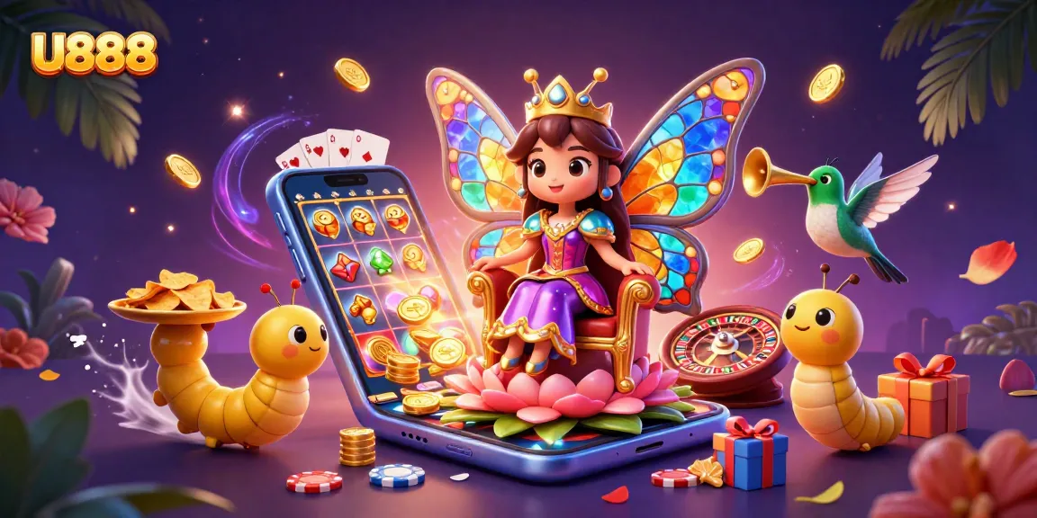 Engage with U888 in this vibrant casino-themed 3D illustration showcasing exciting game elements.