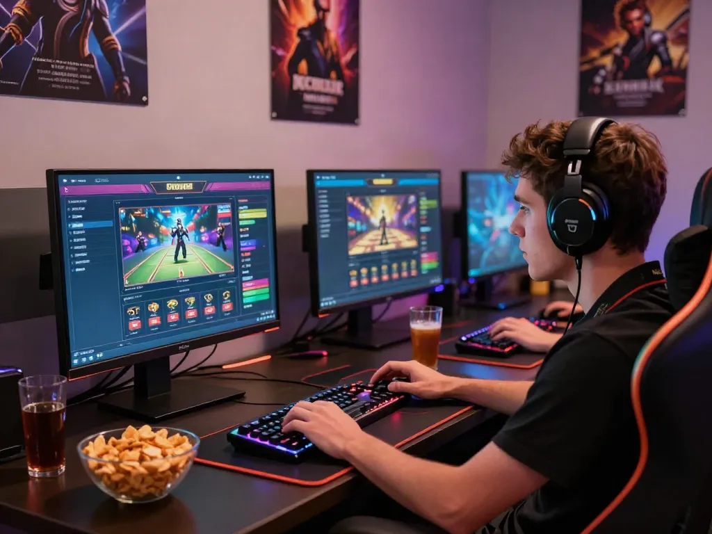 Player engaged in akunjp online gaming with dual monitors and LED lights.
