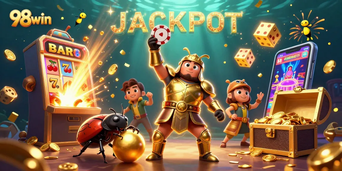 Experience the thrilling 98win jackpot with a 3D cartoon scene of victory, lights, and coins!