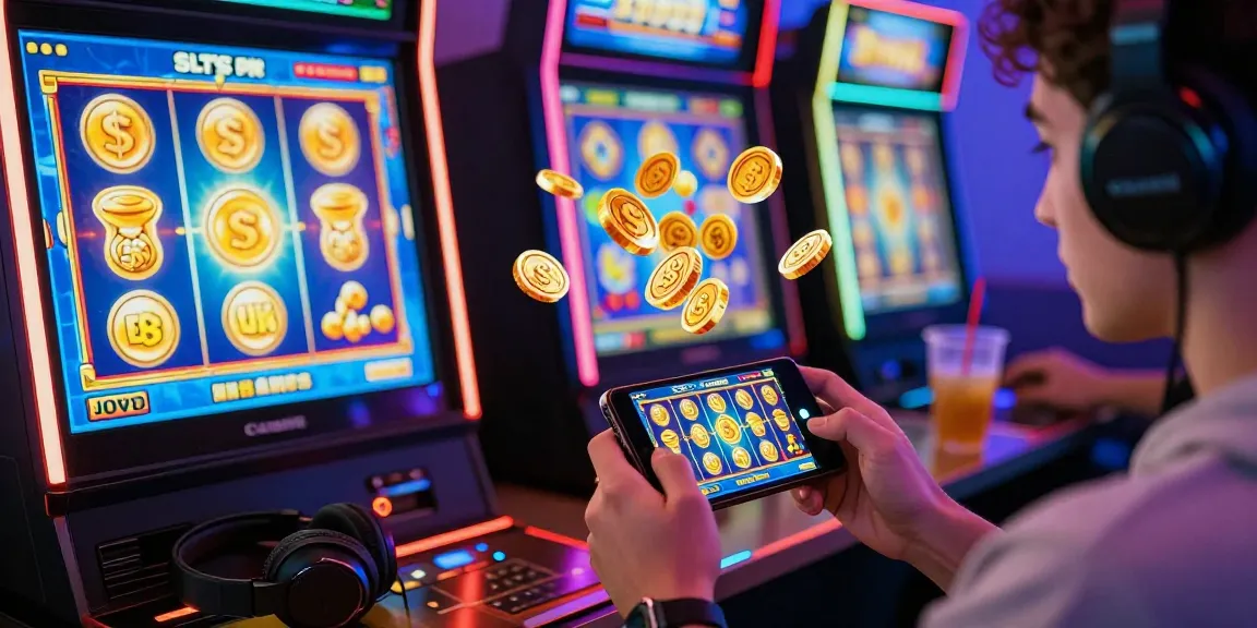 Engaged player enjoying the Slots PK app on mobile, revealing exciting slot machine graphics and virtual rewards.