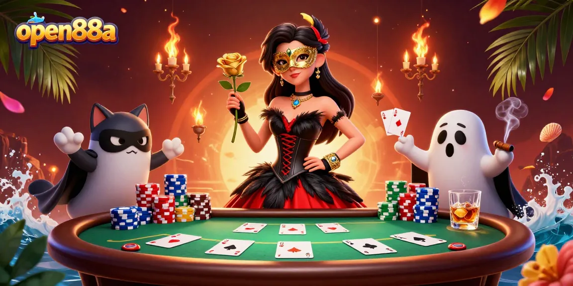 Experience the excitement of open88a with a vibrant poker scene featuring a glamorous woman and masked companions.