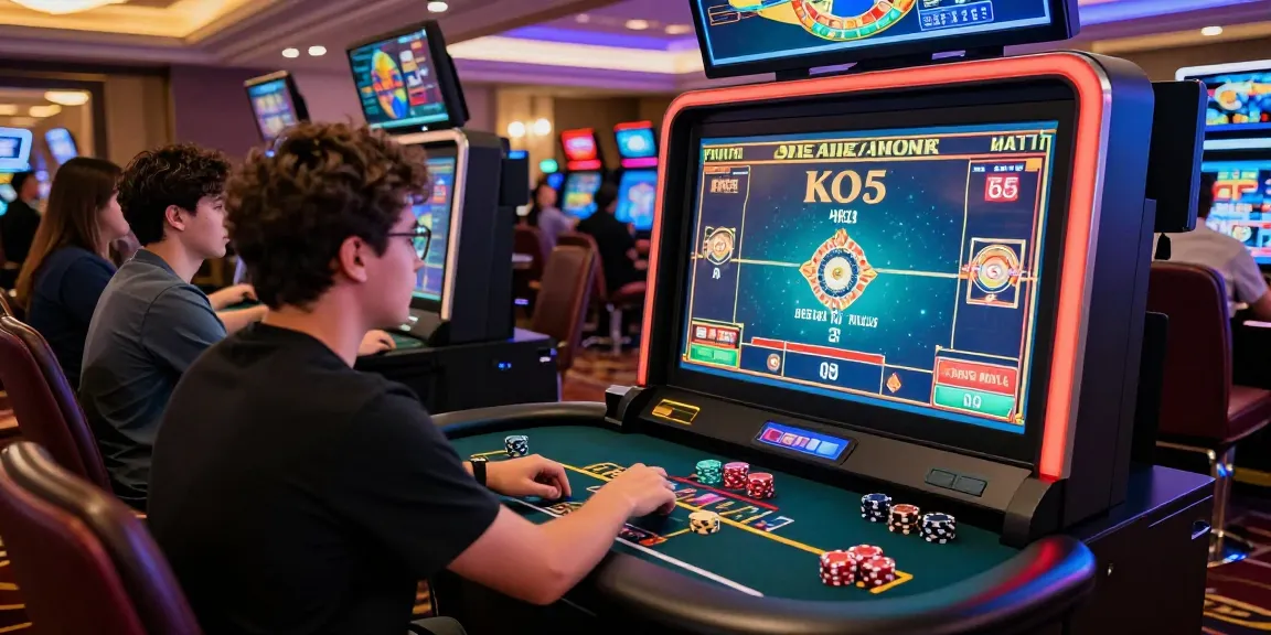 Exciting KO66 casino gaming scene with player focused on a vibrant gaming station amid dynamic casino lights.