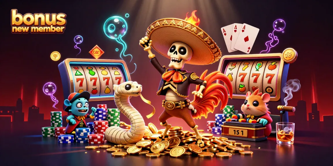 Engage with bonus new member promotions while enjoying a vibrant casino scene featuring animated characters amidst dynamic slot elements.