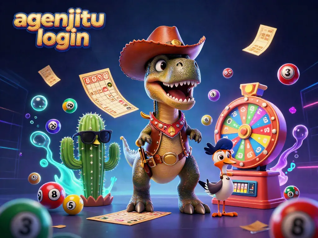 Gambarkan agenjitu login bersama dinosaur cowboy, kartu bingo, dan bola lotere yang dinamis.