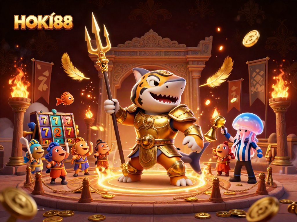 Engage with HOKI88 as a thrilling underwater casino scene featuring a gladiator shark.