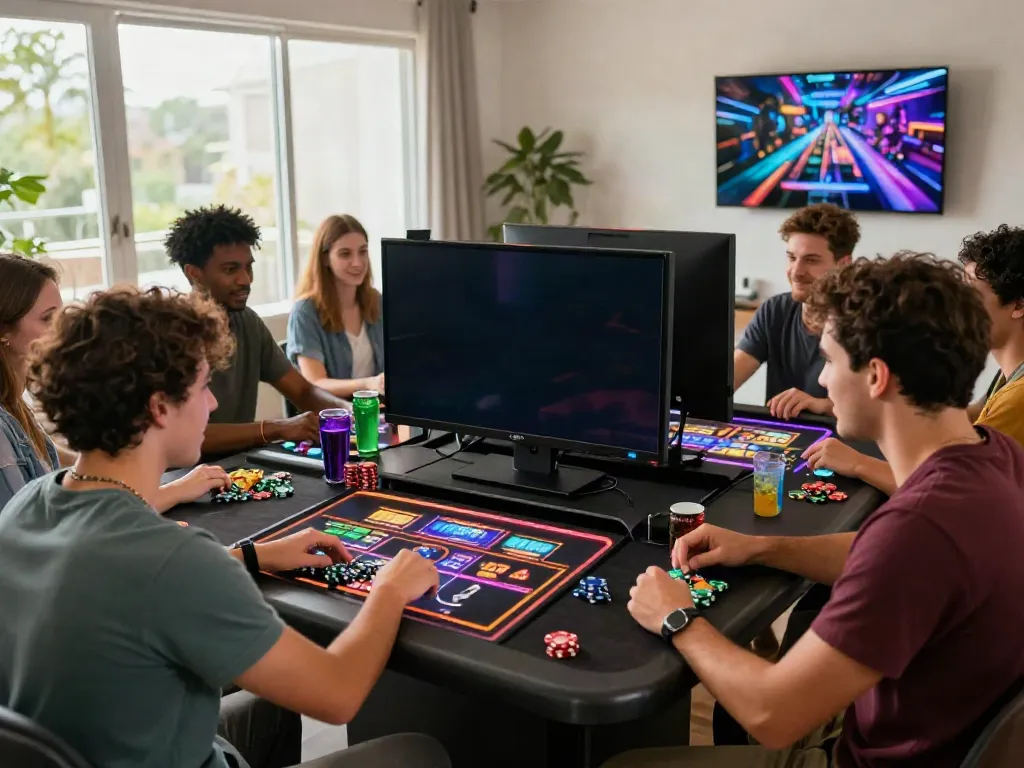 Friends enjoying akunjp slot games at a gaming table with snacks and drinks.