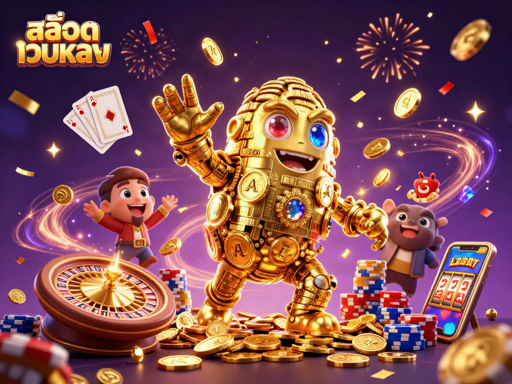 Engage with สล็อตเว็บตรง gameplay featuring a golden golem amid dazzling casino elements.