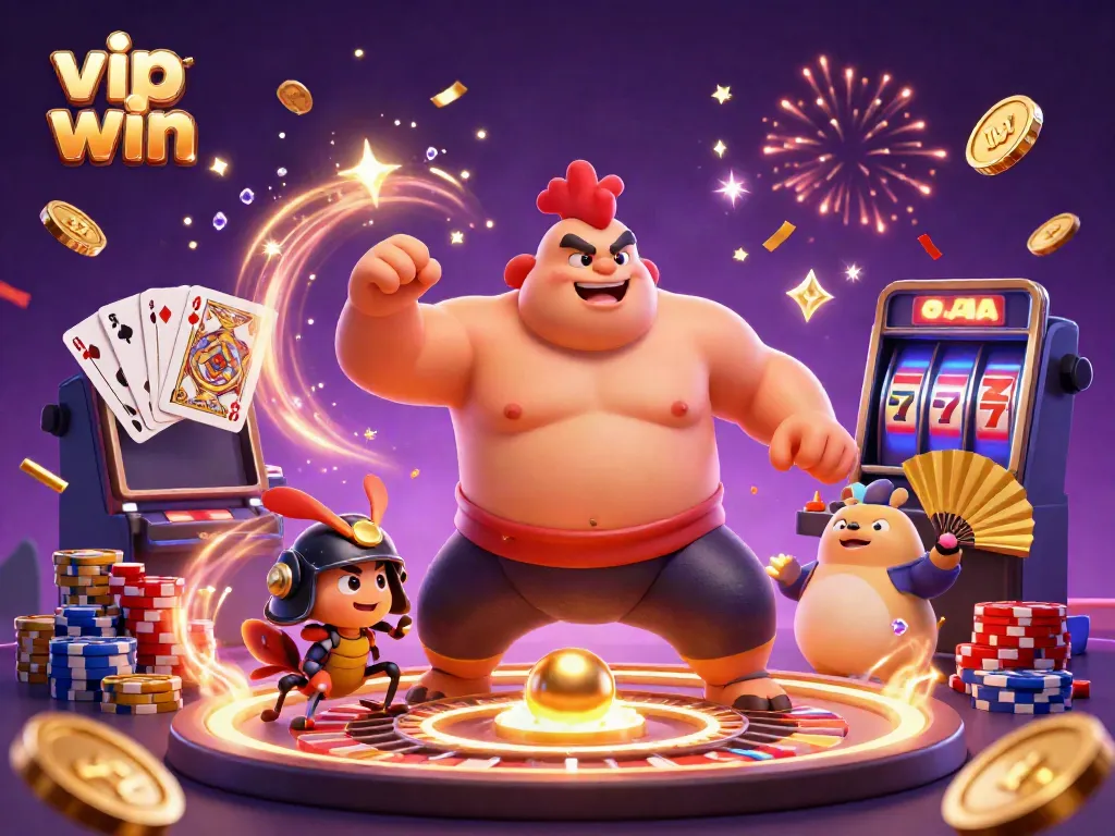 Experience winning excitement with the vibrant scene of vip win, featuring casino icons and animated characters.