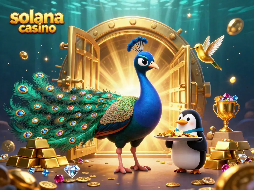 Experience the excitement of a solana casino with a vivid scene of gems, gold, and animated characters.