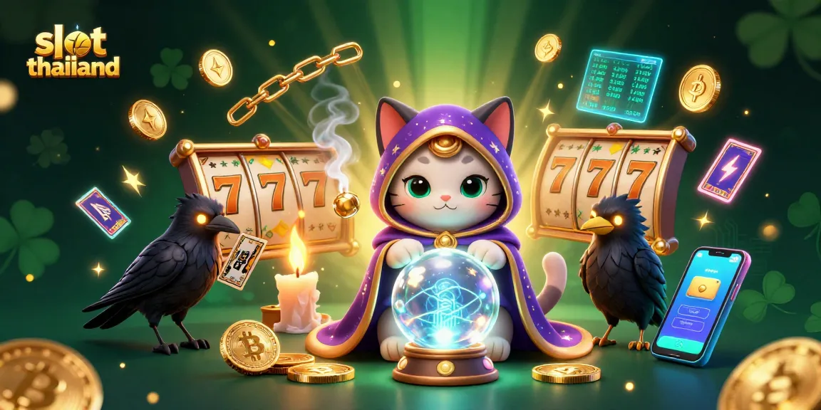 Spin jackpots at slot thailand in a vibrant, mystical scene with animated characters and crypto elements.