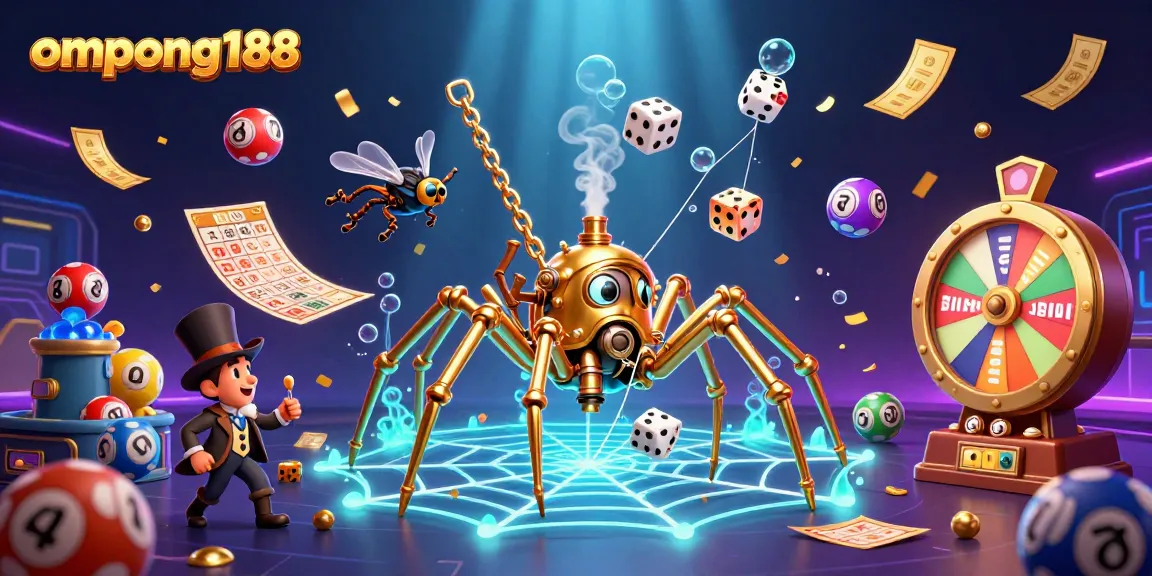 Permainan lotto menyenangkan di ompong188 dengan web emas dan bola warna-warni jatuh.