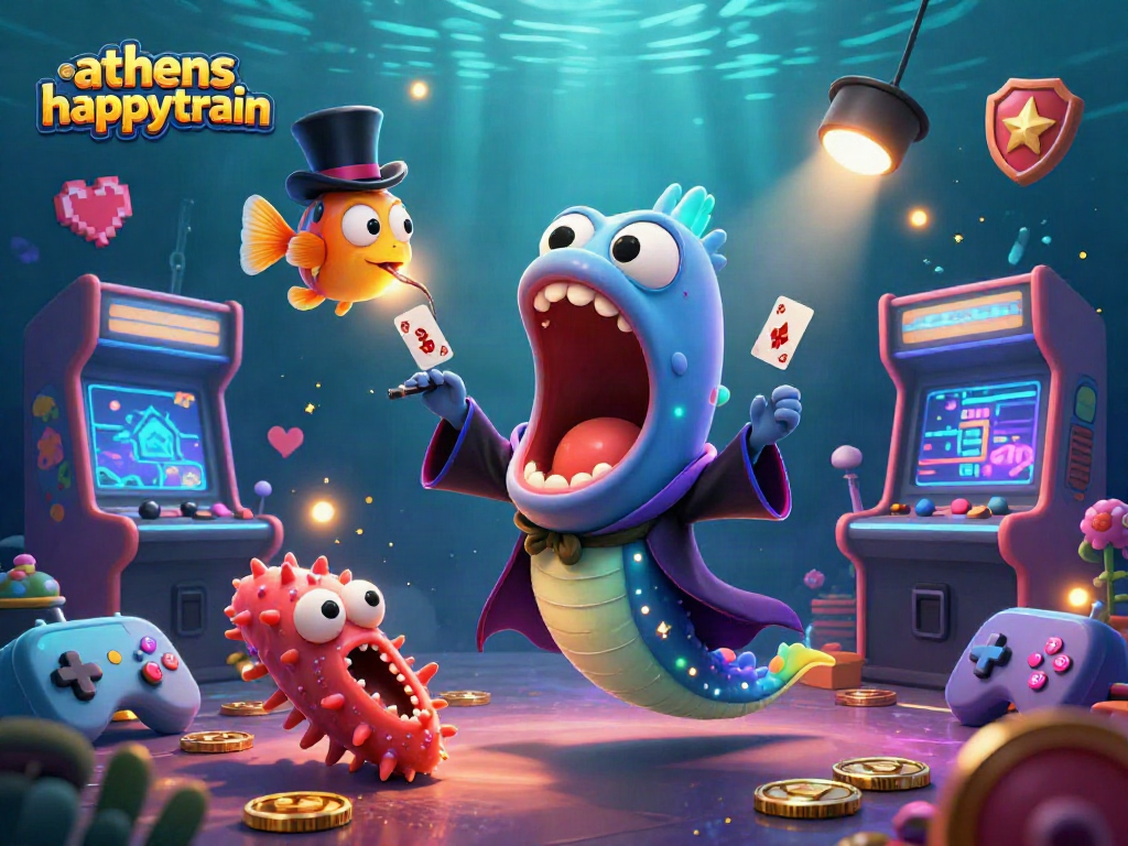 Join the lively action in athenshappytrain's magical casino scene featuring card tricks and arcade fun!
