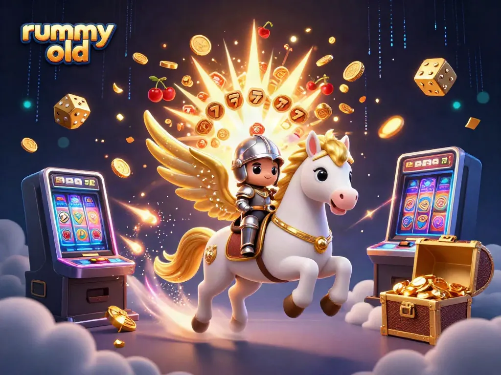 Permainan rummy old yang menarik dengan kuda bercahaya dan pemenang jackpot bersinar.