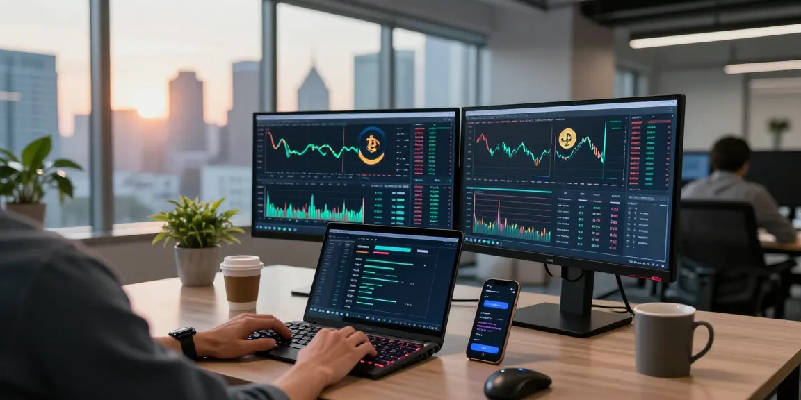 Playexch247 trading setup with real-time cryptocurrency charts and digital wallet notifications in a modern urban office.