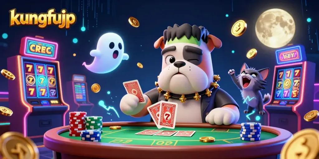 Menang di kasino dengan kungfujp, anjing Frankenstein bermain kartu di meja berkilau.