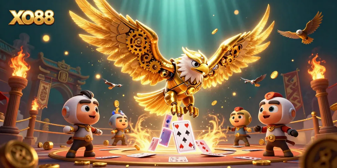 Experience thrilling wins with XO88 as a golden eagle dives through a cascade of playing cards.