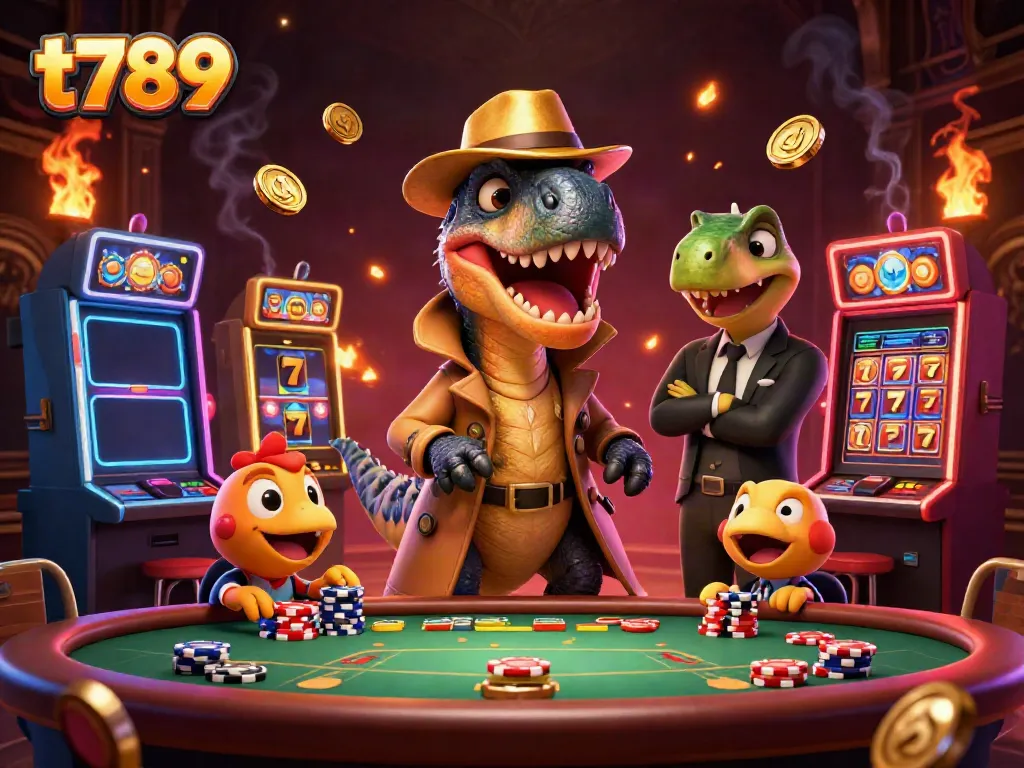 Experience excitement and strategy at t789's immersive casino scene with unique characters in action.