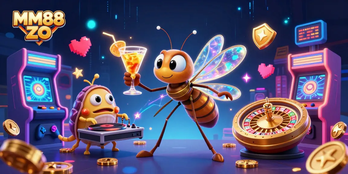 Engage with the MM88 ZO casino world featuring a vibrant 3D scene of characters and gaming elements.