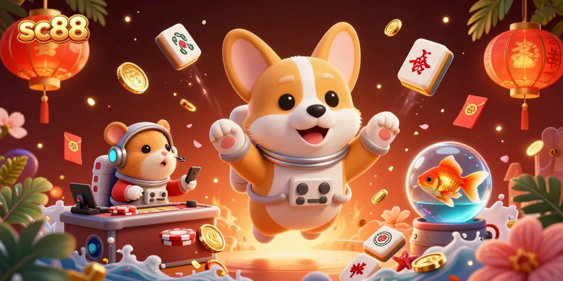 sc88 casino adventure with astronaut corgi, floating coins, and festive game elements