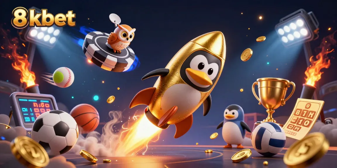 Experience the thrilling 8xbet adventure as a golden penguin rockets toward a vibrant casino!