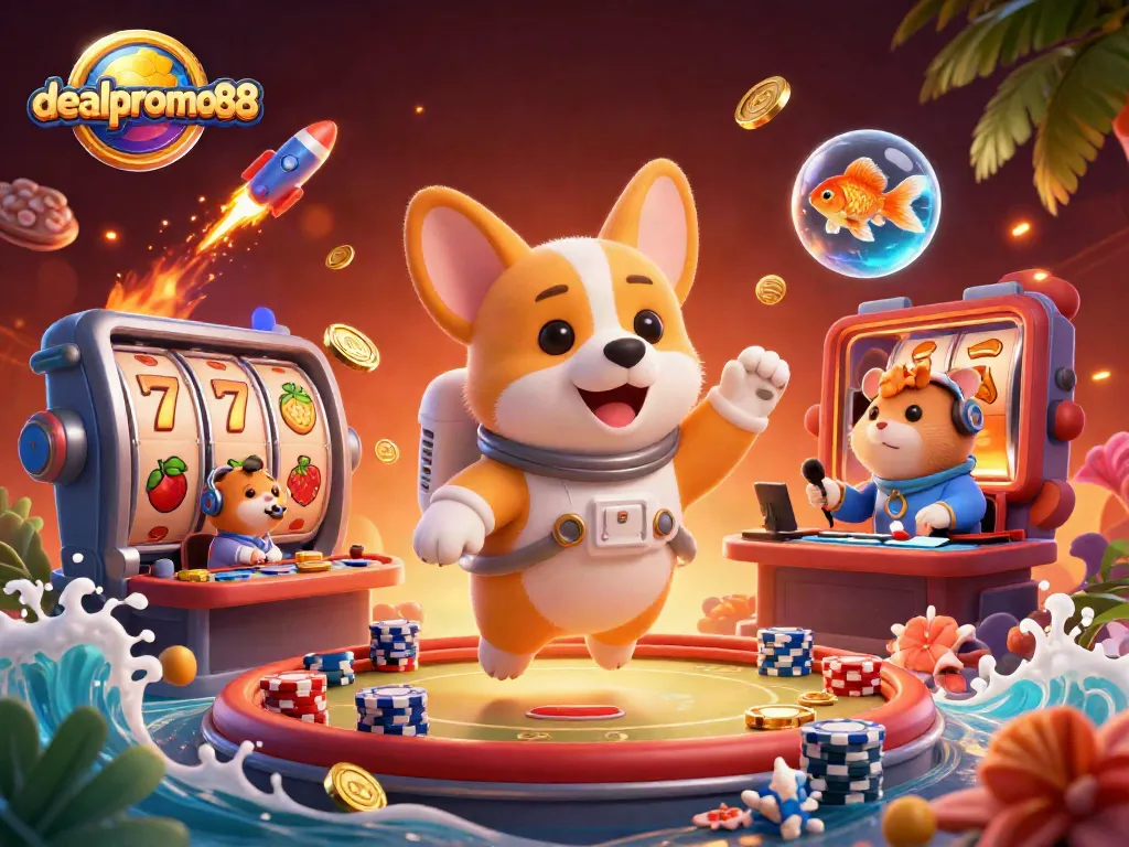 Experience the excitement of dealpromo88 as a cartoon astronaut corgi floats with casino elements in a dynamic scene.
