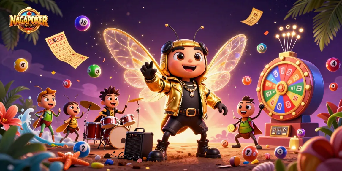 NAGAPOKER showcases an electrifying 3D cartoon scene of a cicada rock star with vibrant casino elements.
