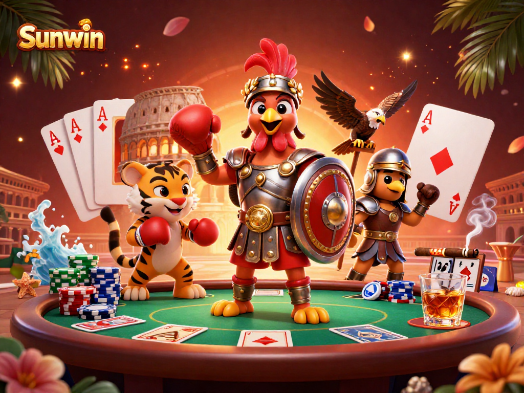 Engage in thrilling games at Sunwin with a dynamic scene showcasing poker and a gladiator rooster.