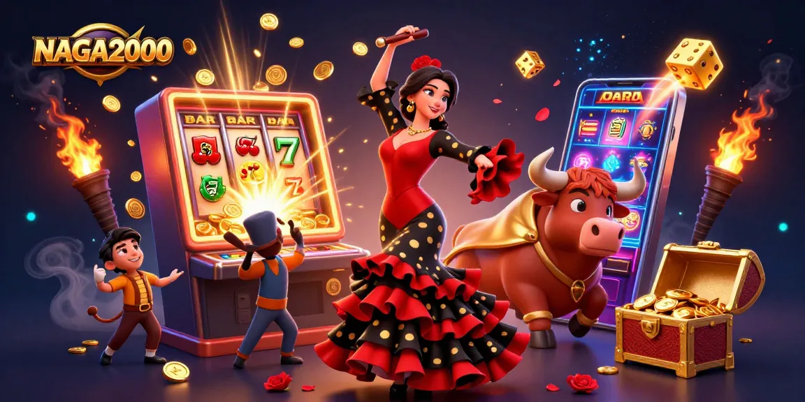 Ilustrasi jackpot NAGA2000 yang menunjukkan adegan dinamis slot, koin, dan penari flamenco.