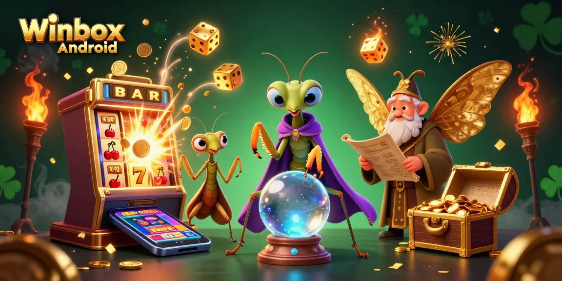 Winbox Android app download illustration showing vibrant casino elements and characters for gambling success.