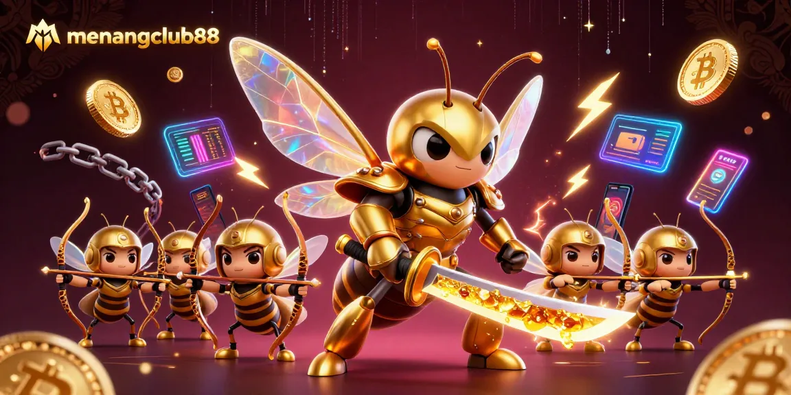 Win big at menangclub88 with this vibrant 3D digital illustration showcasing exciting gaming elements and dynamic crypto icons.