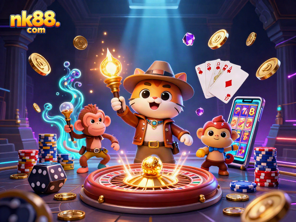 Experience thrilling wins at nk88. com with our dynamic golden casino adventure illustration.