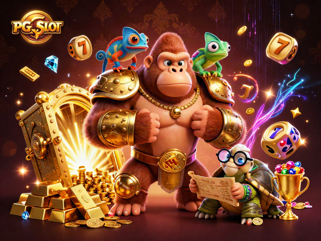 PG SLOT animated scene with a gorilla king and chameleon companion amidst golden slot elements.