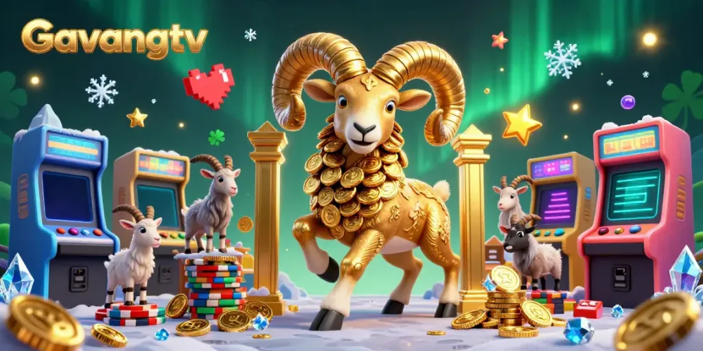 Experience the vibrant energy of Gavangtv with golden ram and colorful arcade games in casino style.