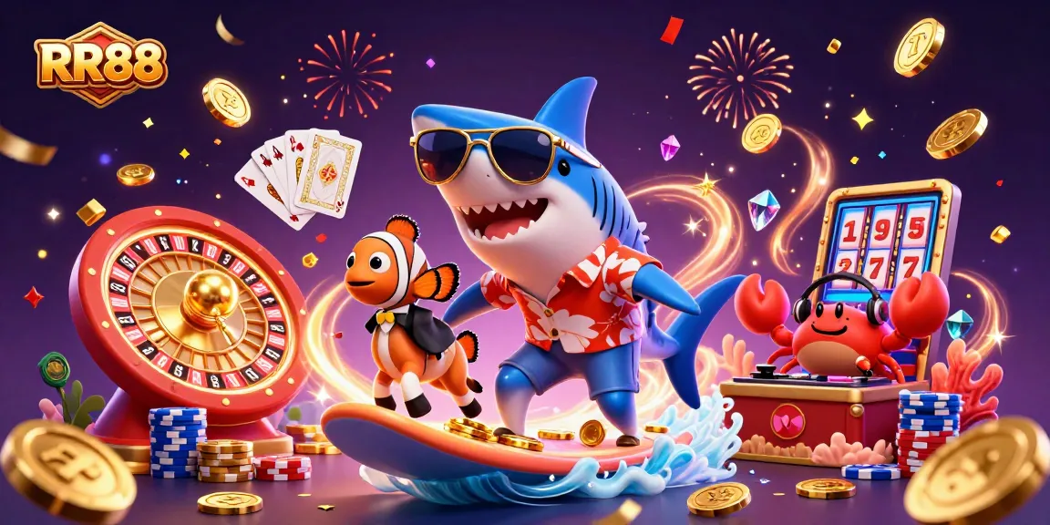 Experience the thrilling world of RR88 casino with vibrant characters surfing on gold coins and interactive gaming elements.