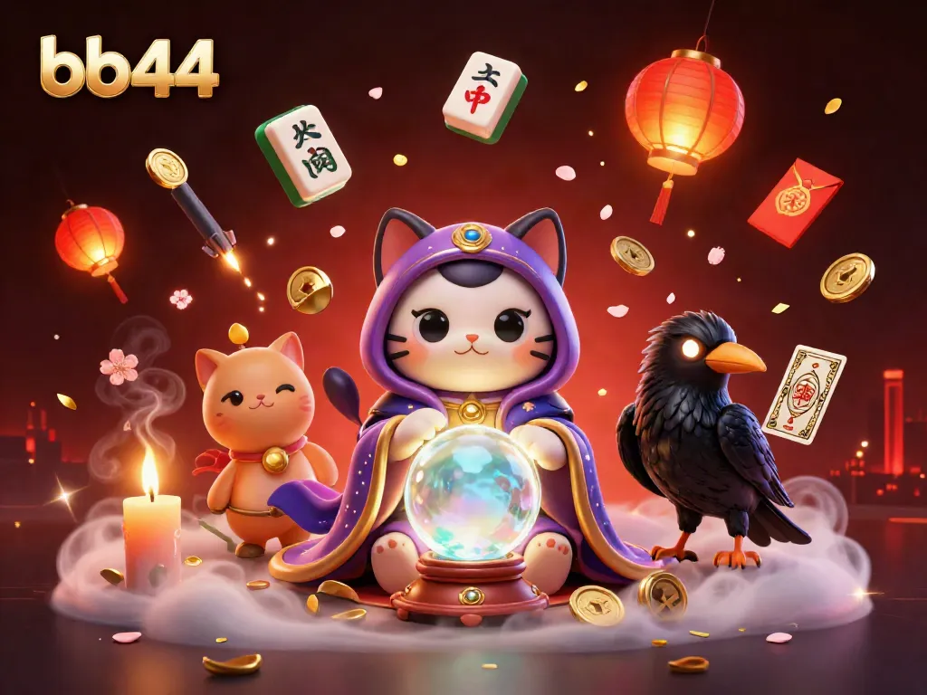 bb44 engaging players with vibrant mystical casino-themed scene featuring a fortune teller cat, glowing raven, and gold elements.